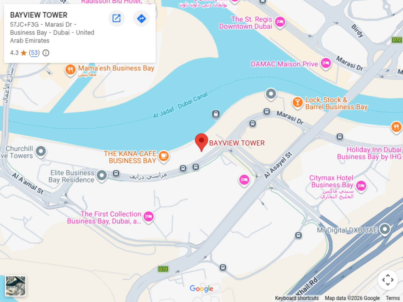 Google Maps showing Sukoon Studio at Magnum Opus Bay, 206 Marasi Drive, Business Bay, Dubai