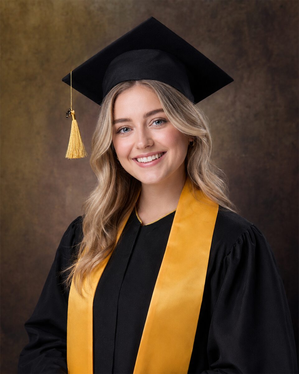 Graduate photographed in gown and cap by a graduation photographer in Dubai