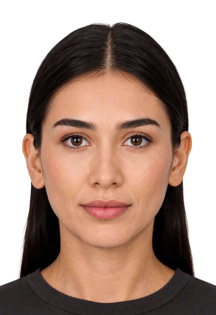 Chinese visa photo, 33 by 48 mm, shown to scale